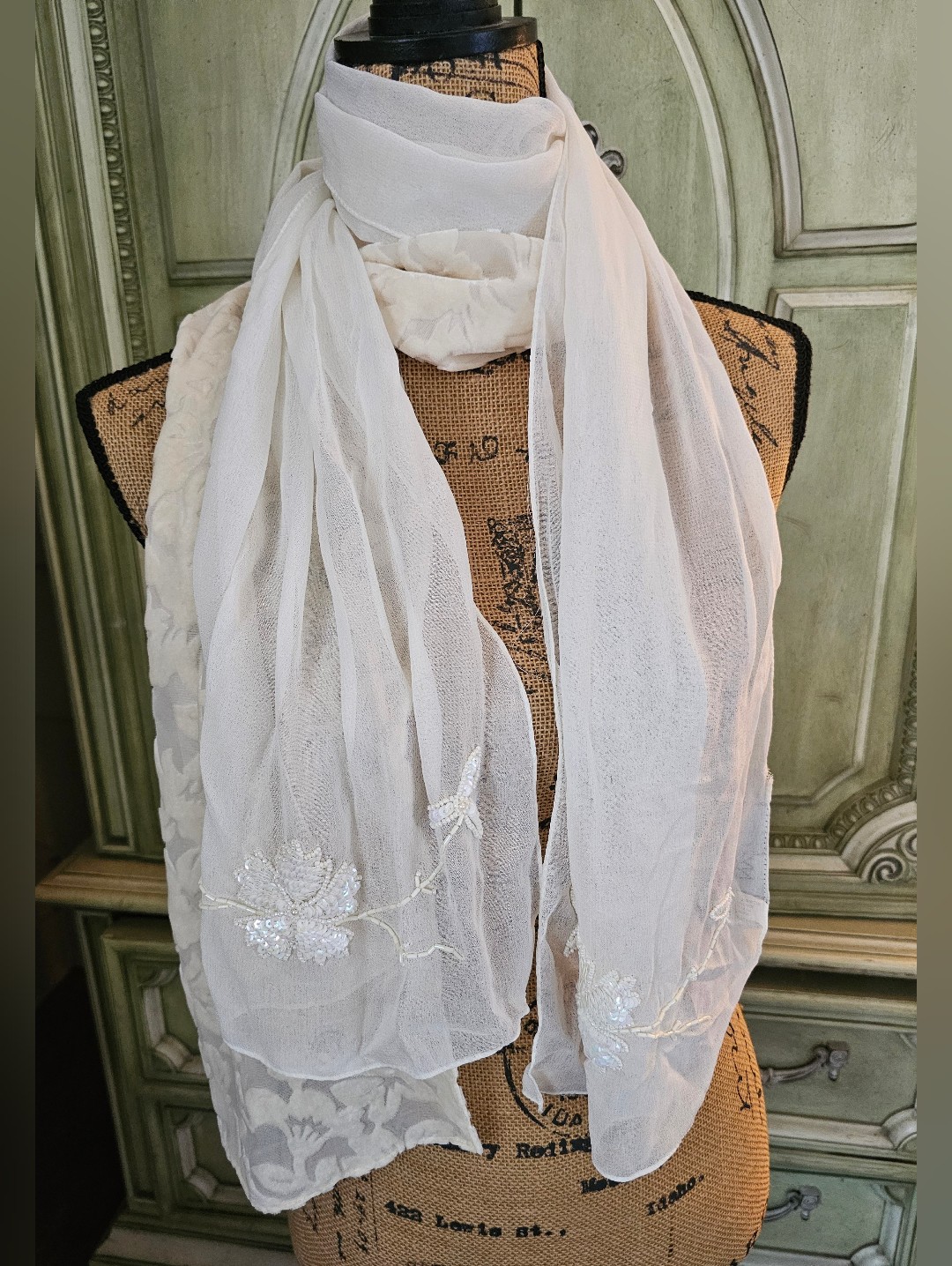 2pc Winter White Beaded Silk & Velvet Burnout (Devore) Scarves By Ny&Company
